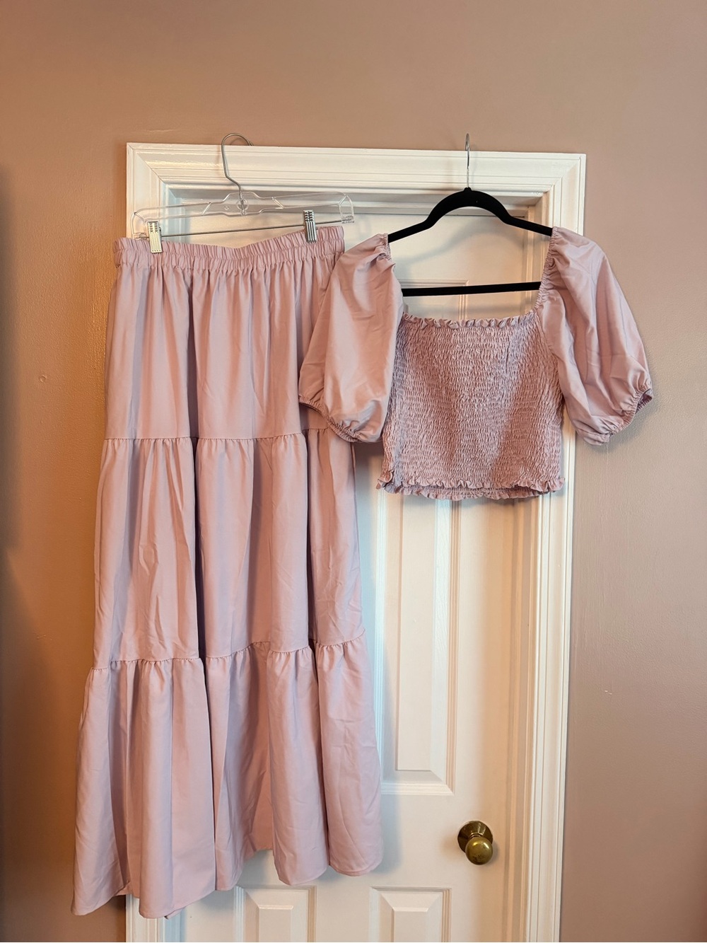 Smocked Puff-Sleeve Crop Top and Tiered Maxi Skirt Set - Dusty Mauve